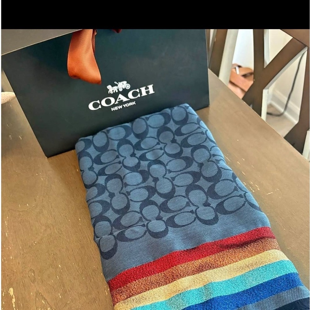 Coach Signature C Monogram Scarf Blue Rainbow Stripe Border Jacquard Wrap Silk